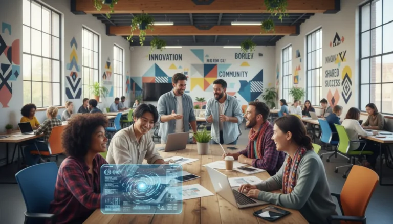 Diverse young adults collaborating in a modern co-working space, embodying the redefined American Dream of shared success and well-being.