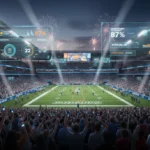 Dynamic stadium scene with cheering fans and futuristic digital displays in 2026