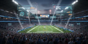 Dynamic stadium scene with cheering fans and futuristic digital displays in 2026
