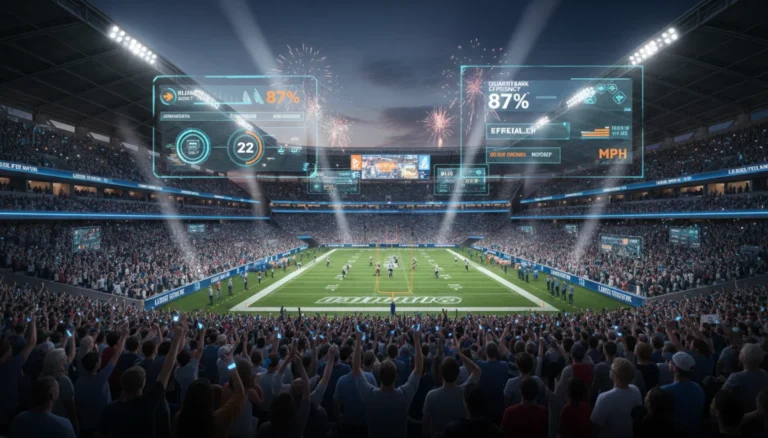 Dynamic stadium scene with cheering fans and futuristic digital displays in 2026