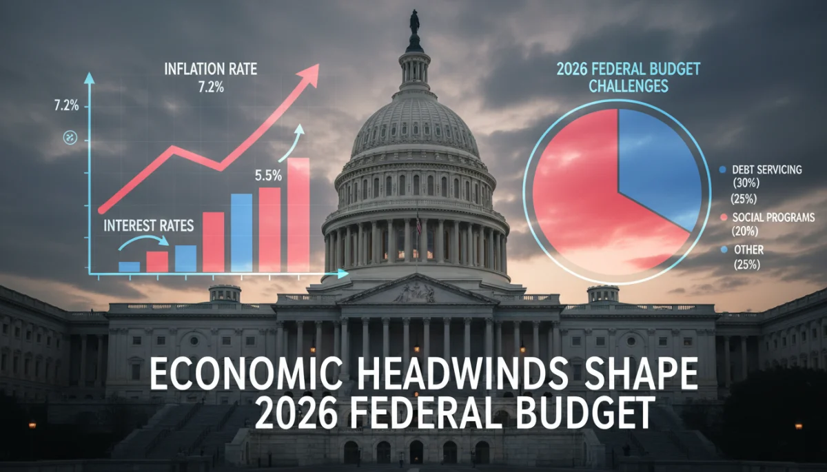 Economic indicators impacting the 2026 federal budget, showing inflation and interest rates.