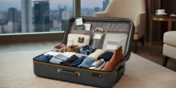 Efficiently packed suitcase with rolled clothes for a US trip