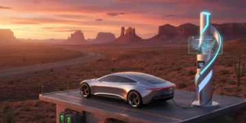 Electric vehicle charging at a modern station with a desert backdrop, representing 2026 USA road trips.