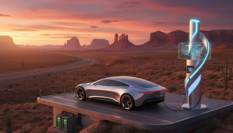 Electric vehicle charging at a modern station with a desert backdrop, representing 2026 USA road trips.