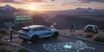 Electric vehicle charging at a scenic overlook for 2026 USA road trips