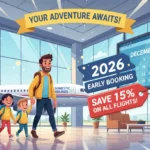 Family boarding airplane, 2026 calendar, 15% discount tag