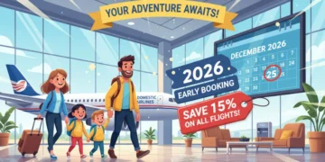 Family boarding airplane, 2026 calendar, 15% discount tag