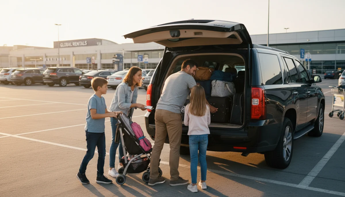 Family loading luggage into SUV at airport rental car facility