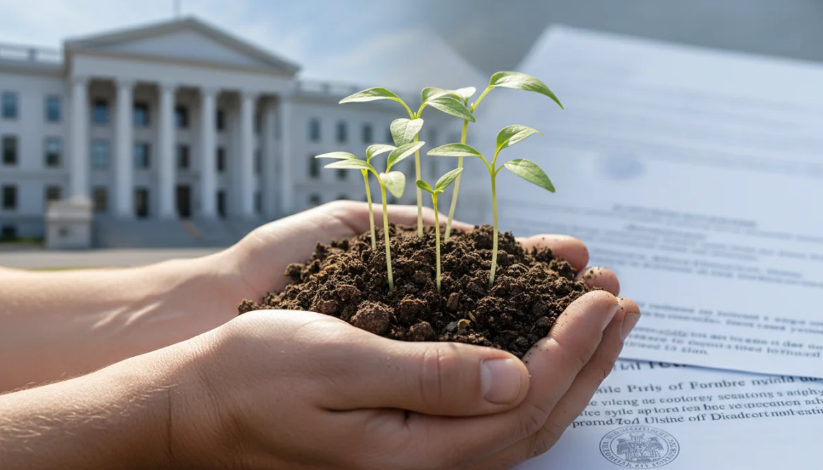 Farmer's hands with soil and sprouts, symbolizing the direct link between new agricultural subsidies and ground-level farming.