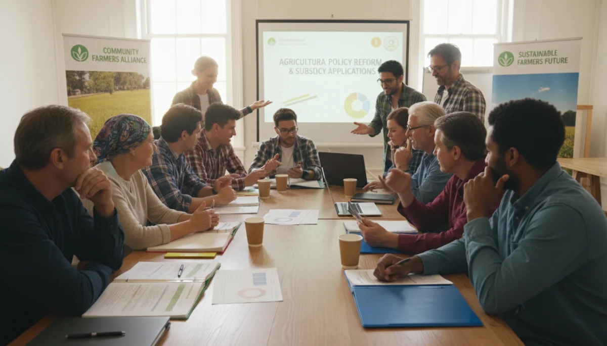 Farmers discussing agricultural subsidy documents in a meeting.