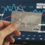 Credit card in hand with economic graphs, symbolizing Fed rate impact on consumer spending.