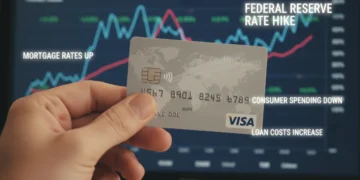 Credit card in hand with economic graphs, symbolizing Fed rate impact on consumer spending.