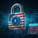 Illustration of a digital lock with US flag, symbolizing federal cybersecurity mandates and 2026 compliance deadline.