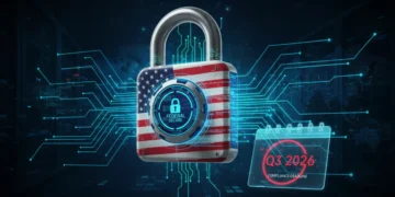 Illustration of a digital lock with US flag, symbolizing federal cybersecurity mandates and 2026 compliance deadline.