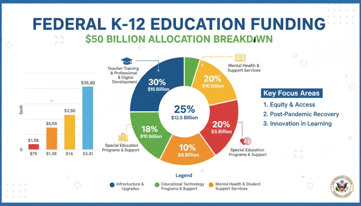 Infographic showing allocation of  billion federal education funding for K-12 schools