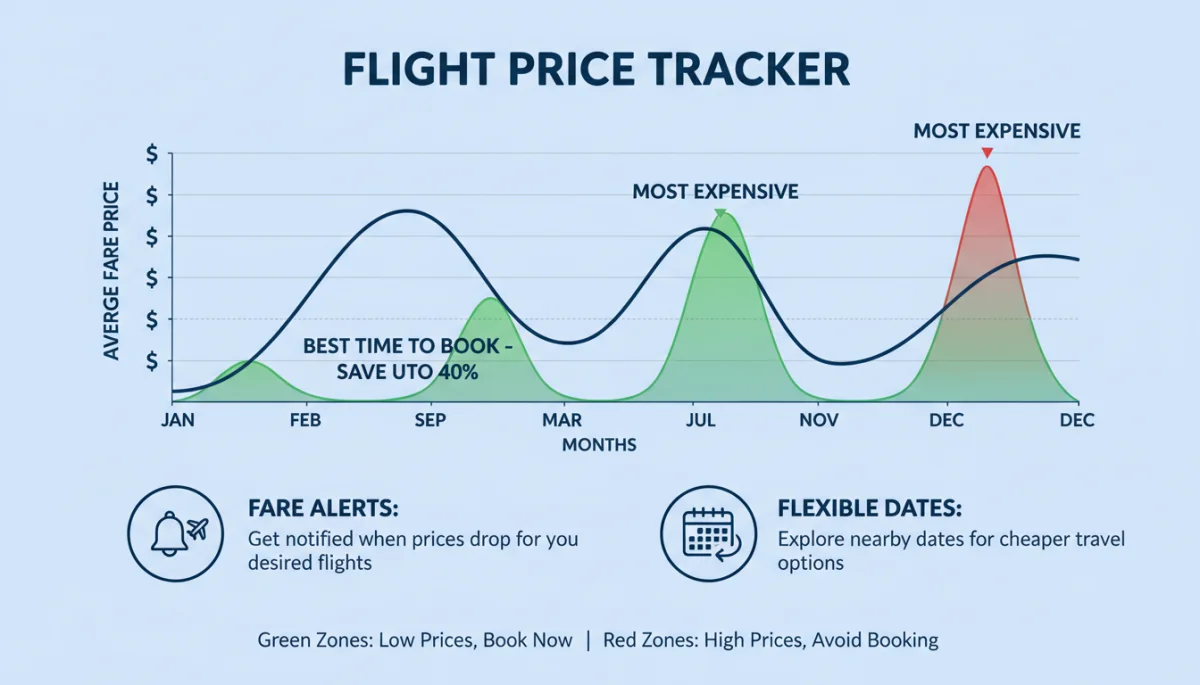 Flight price tracking graph with fare alerts and flexible dates