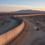 Fortified border wall with patrol vehicle at sunrise, symbolizing enhanced security