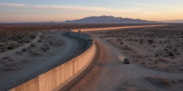 Fortified border wall with patrol vehicle at sunrise, symbolizing enhanced security