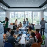 Diverse students and teachers in a modern classroom, utilizing technology for collaborative learning in a forward-looking educational environment.