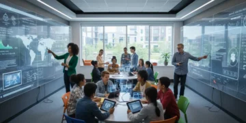 Diverse students and teachers in a modern classroom, utilizing technology for collaborative learning in a forward-looking educational environment.