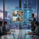 Diverse team collaborating in hybrid work setting, symbolizing future of work in US.