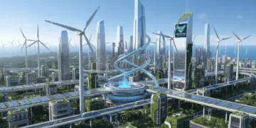 Futuristic cityscape with renewable energy reflecting new US environmental regulations