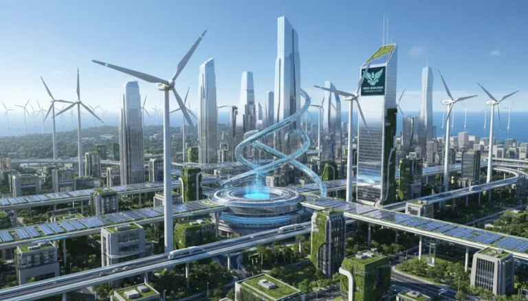 Futuristic cityscape with renewable energy reflecting new US environmental regulations
