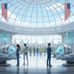 Futuristic hospital with advanced medical technology and healthcare professionals
