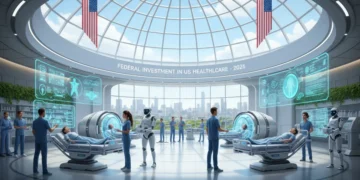 Futuristic hospital with advanced medical technology and healthcare professionals