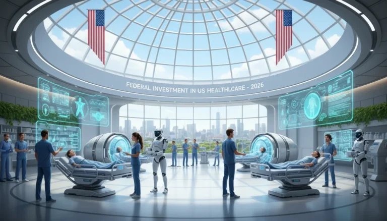 Futuristic hospital with advanced medical technology and healthcare professionals