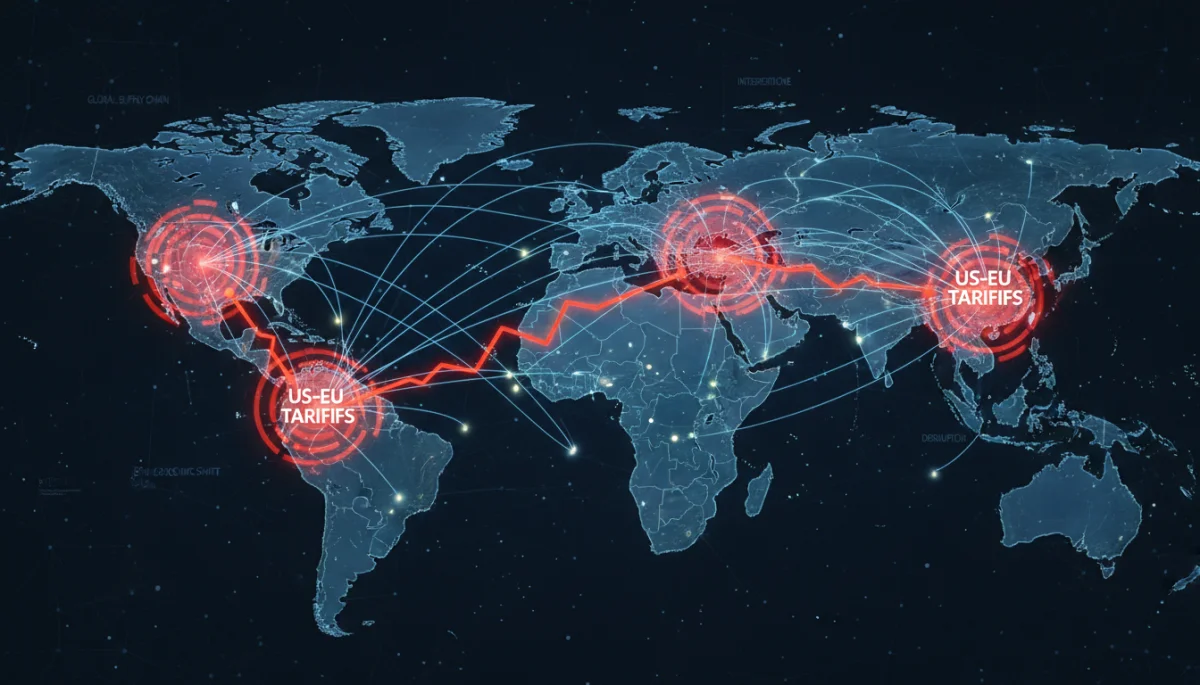 Global supply chain network illustrating the impact of new US-EU tariffs.