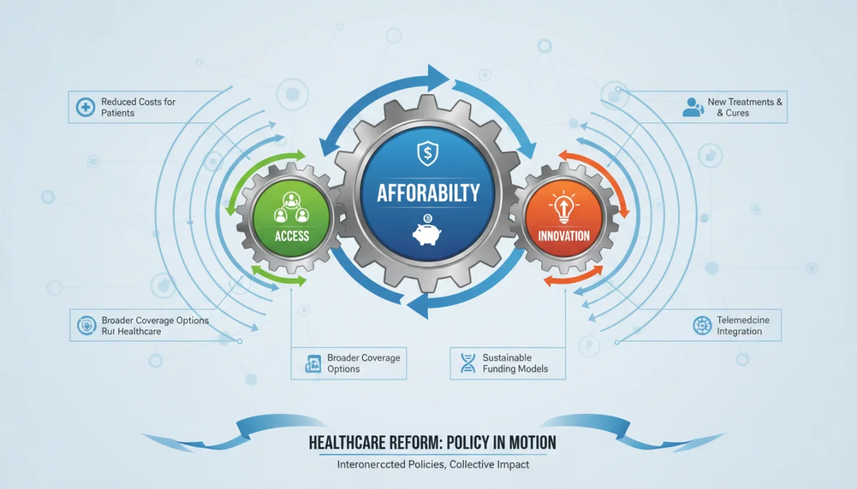 Infographic of three interconnected gears representing healthcare policy changes