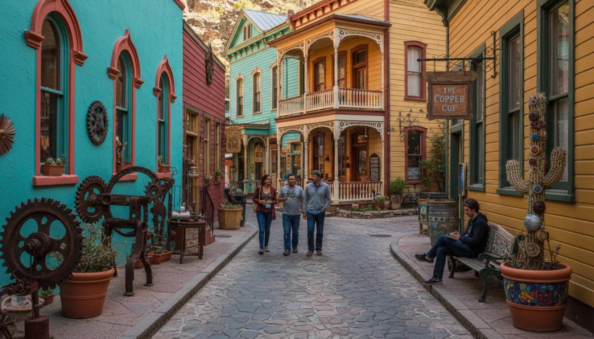 Colorful Victorian buildings line a quirky, artistic street in an historic American town, capturing its unique charm and vibrant community.