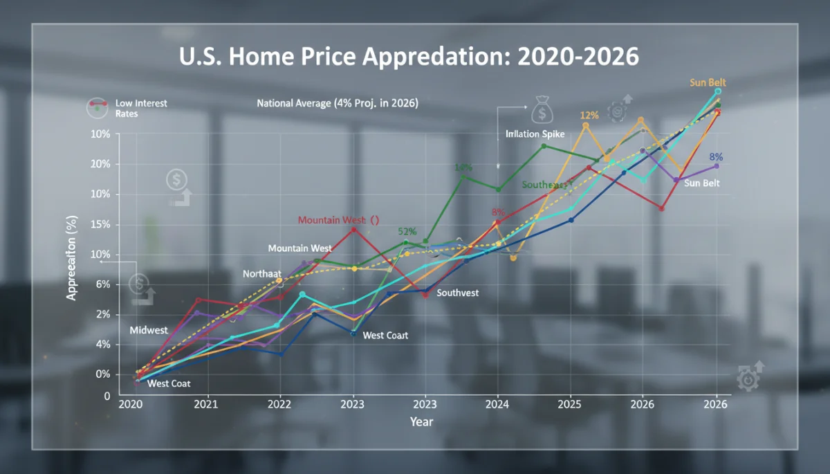 Chart showing historical and projected U.S. home price appreciation by region up to 2026.