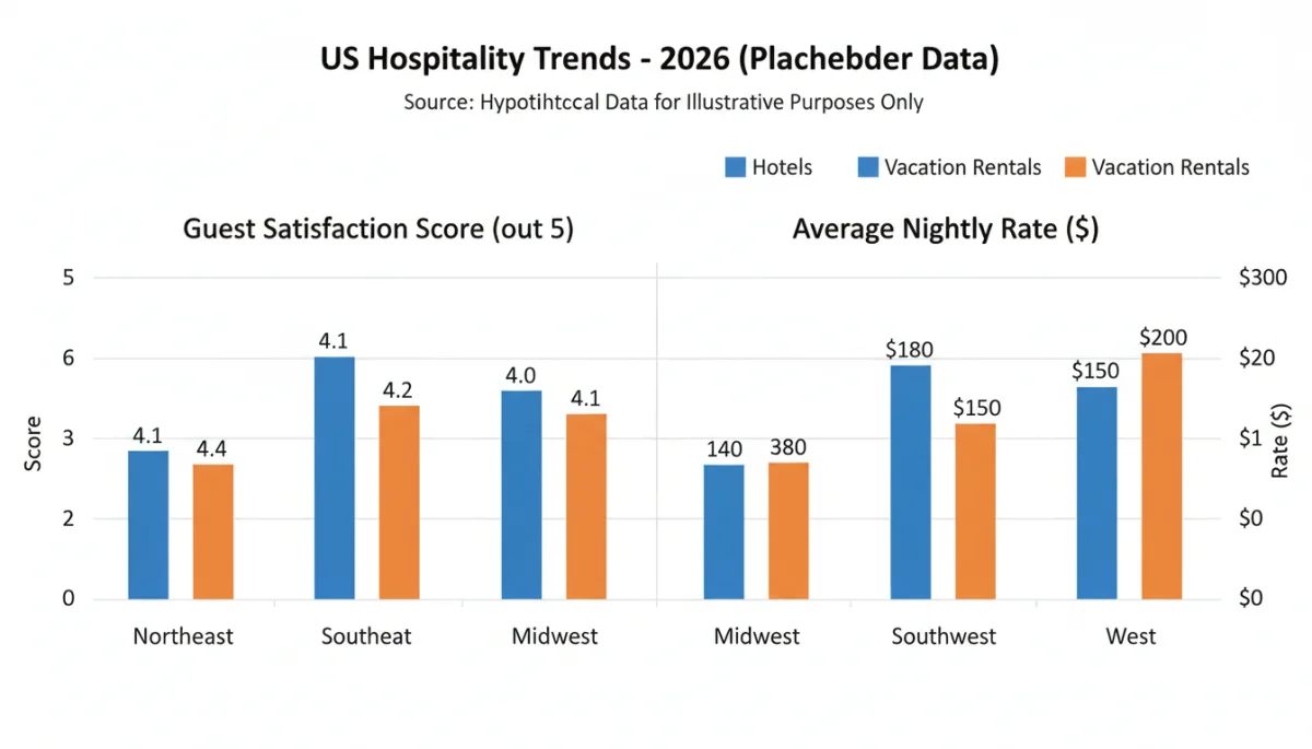 Bar chart comparing guest satisfaction and nightly rates for hotels and vacation rentals in 2026 US market.