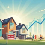 Illustration of a growing housing market with houses, a 'for sale' sign, and an upward trend graph.