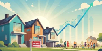 Illustration of a growing housing market with houses, a 'for sale' sign, and an upward trend graph.