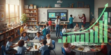 Diverse K-12 students in a modern classroom benefiting from new federal education funding