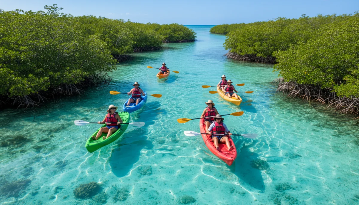 Kayakers paddling through clear turquoise waters in Florida Keys mangroves