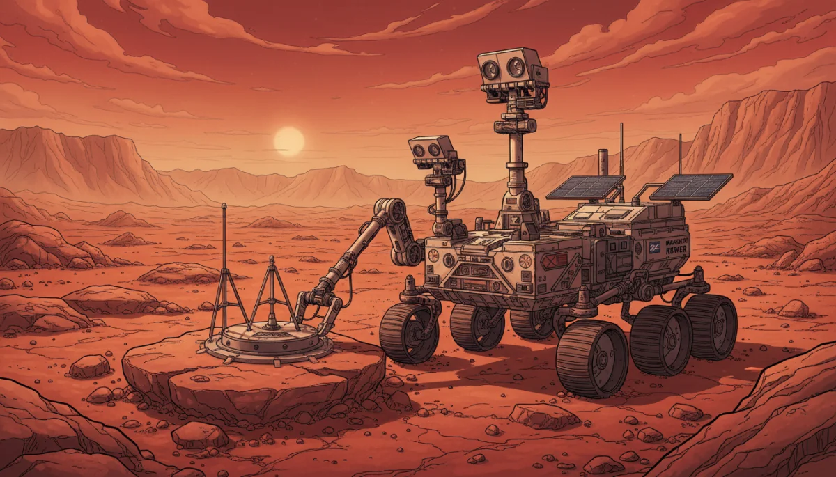 Mars rover deploying instruments on the Martian surface