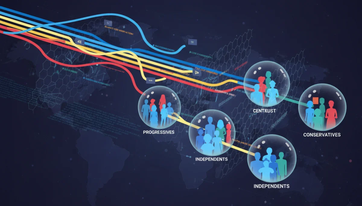Graphic depicting fragmented media consumption and echo chambers in modern political discourse.