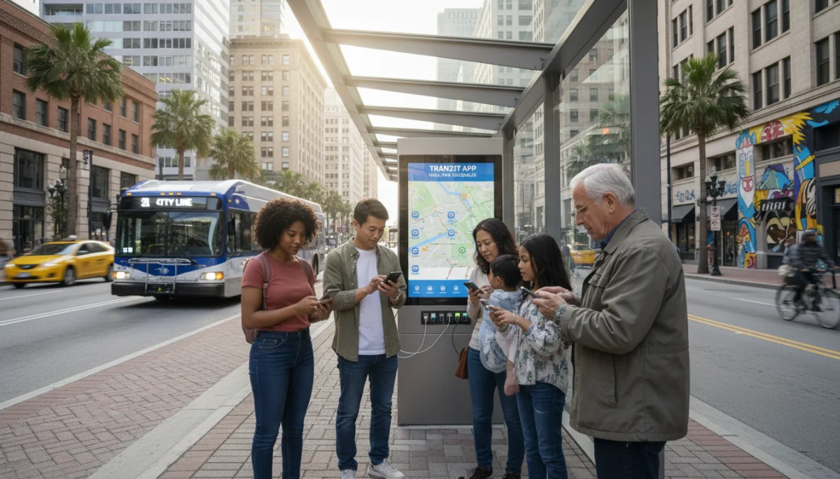 People checking bus schedules on a smartphone at a modern US bus stop