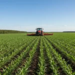 Modern tractor cultivating a vast green crop field under a blue sky, symbolizing efficient and sustainable agriculture.