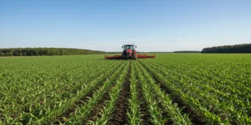 Modern tractor cultivating a vast green crop field under a blue sky, symbolizing efficient and sustainable agriculture.