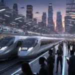 Modern high-speed train at a futuristic US city station