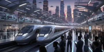 Modern high-speed train at a futuristic US city station