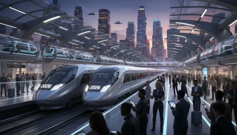 Modern high-speed train at a futuristic US city station