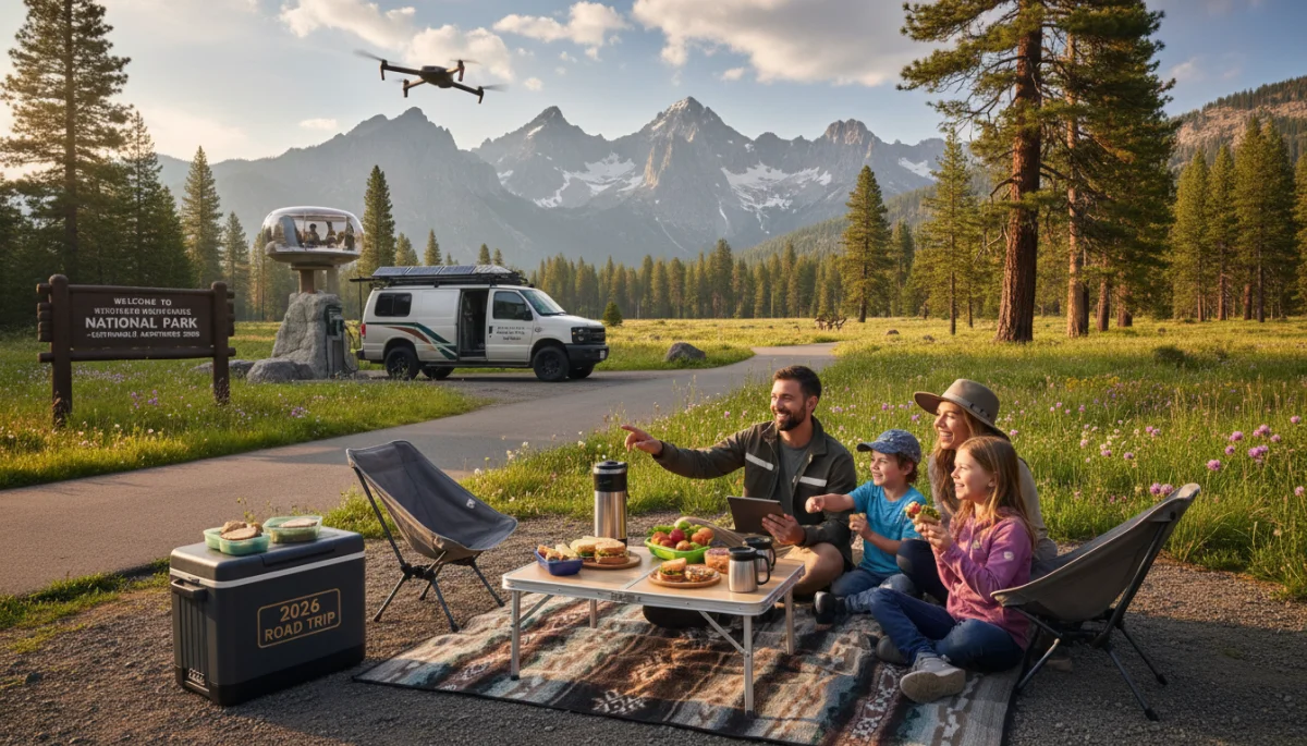 Family picnicking in a national park with modern gear, 2026 travel