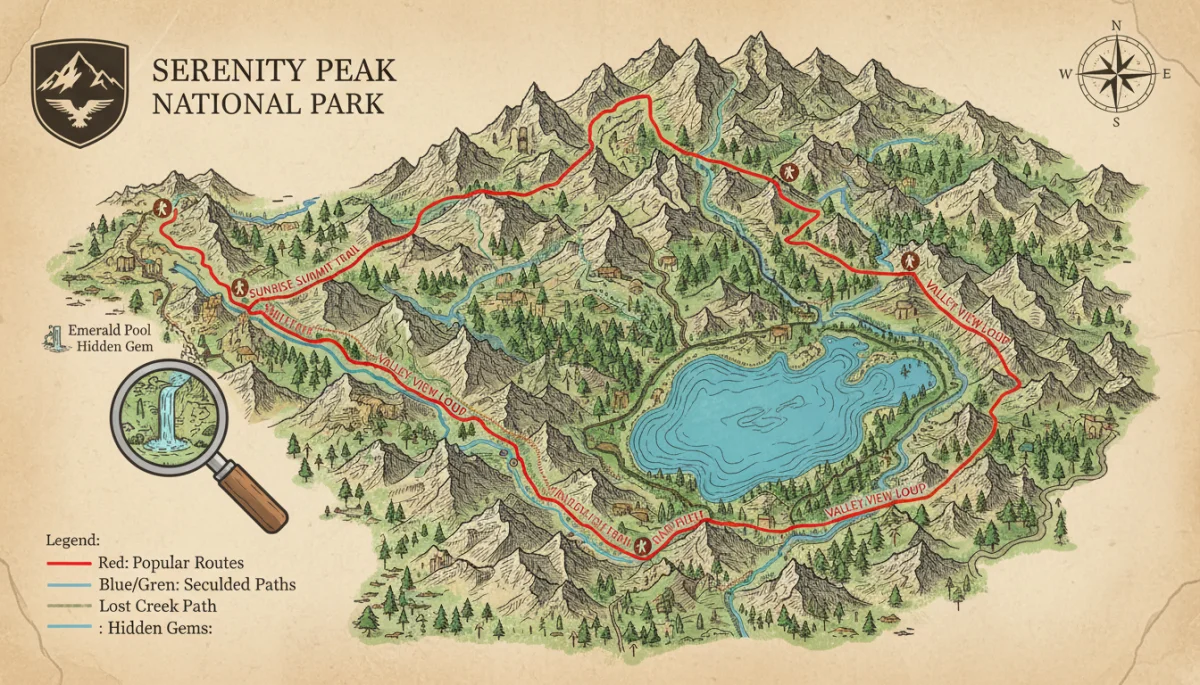 National park map highlighting diverse trails