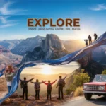Iconic US national parks collage with diverse adventurers, highlighting the spirit of exploration and savings with park passes.